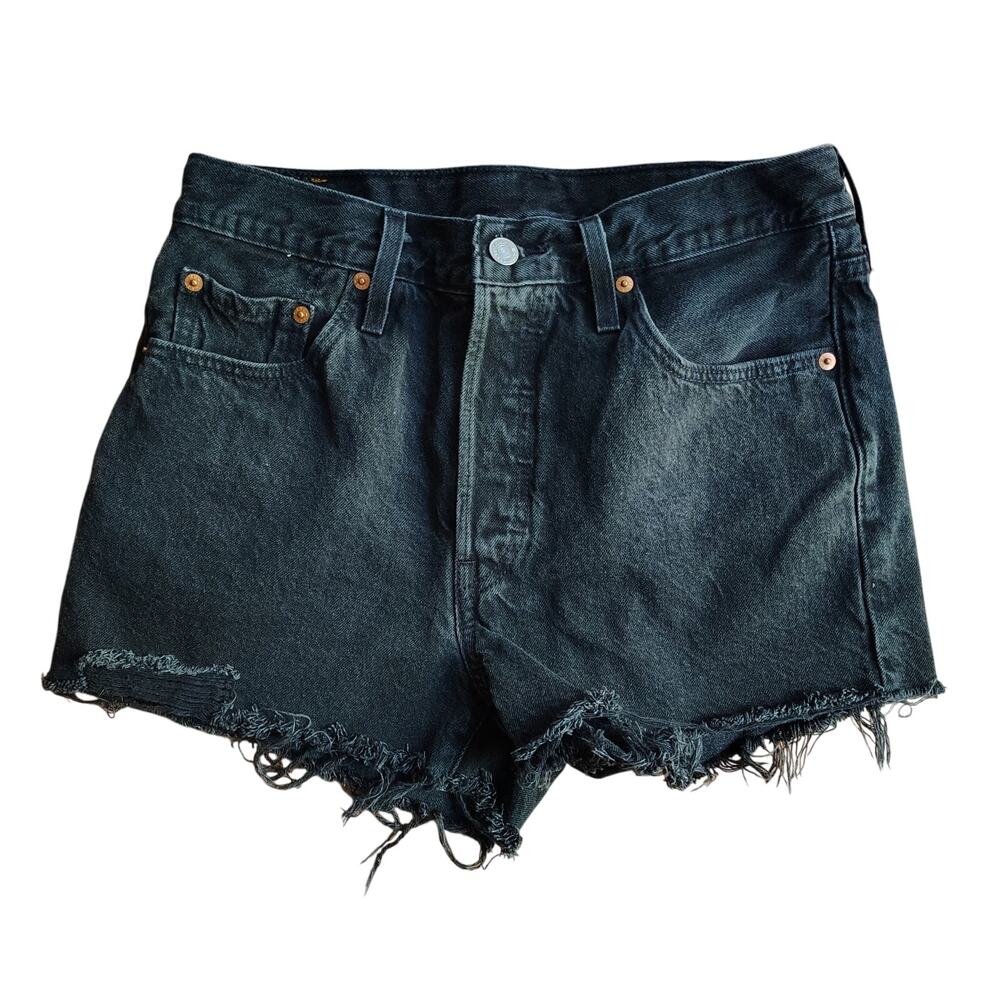 Levi’s 501 Shorty Shorts Women’s 29 Black Denim Raw Hem 2” Inseam